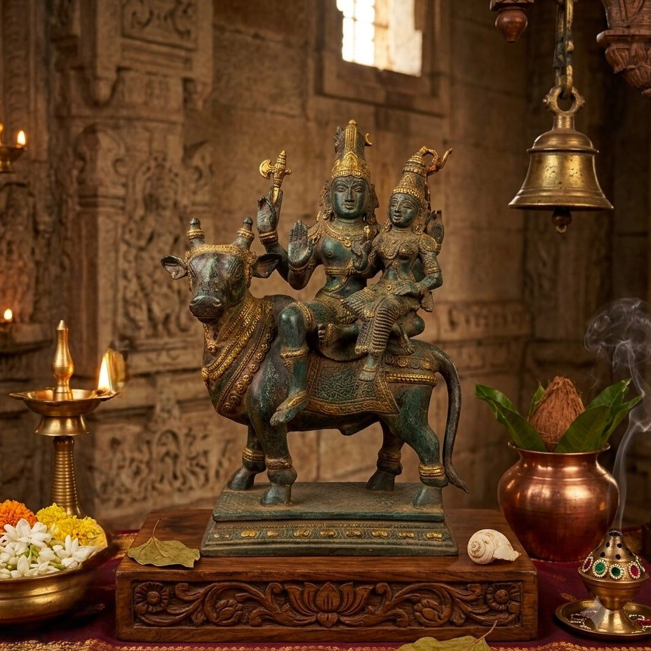 Brass Shiva Parvati Sitting on Nandi for Home Decor