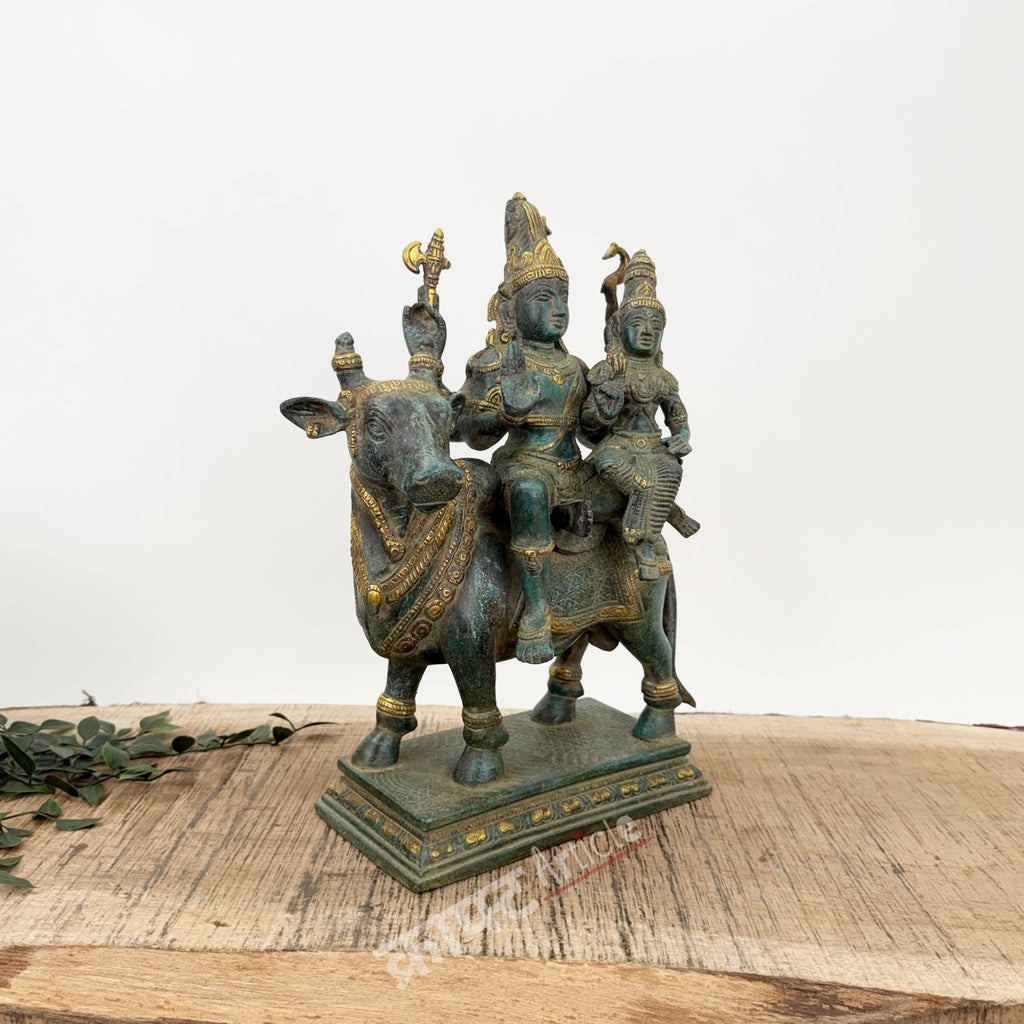 Brass Shiva Parvati Sitting on Nandi for Home Decor