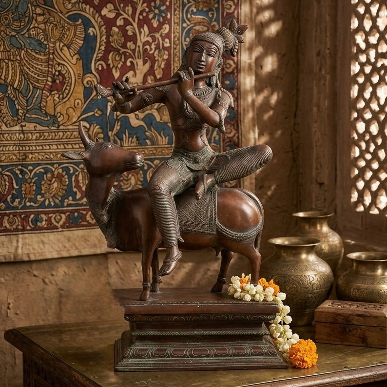 Brass Lord Krishna Seated on Cow
