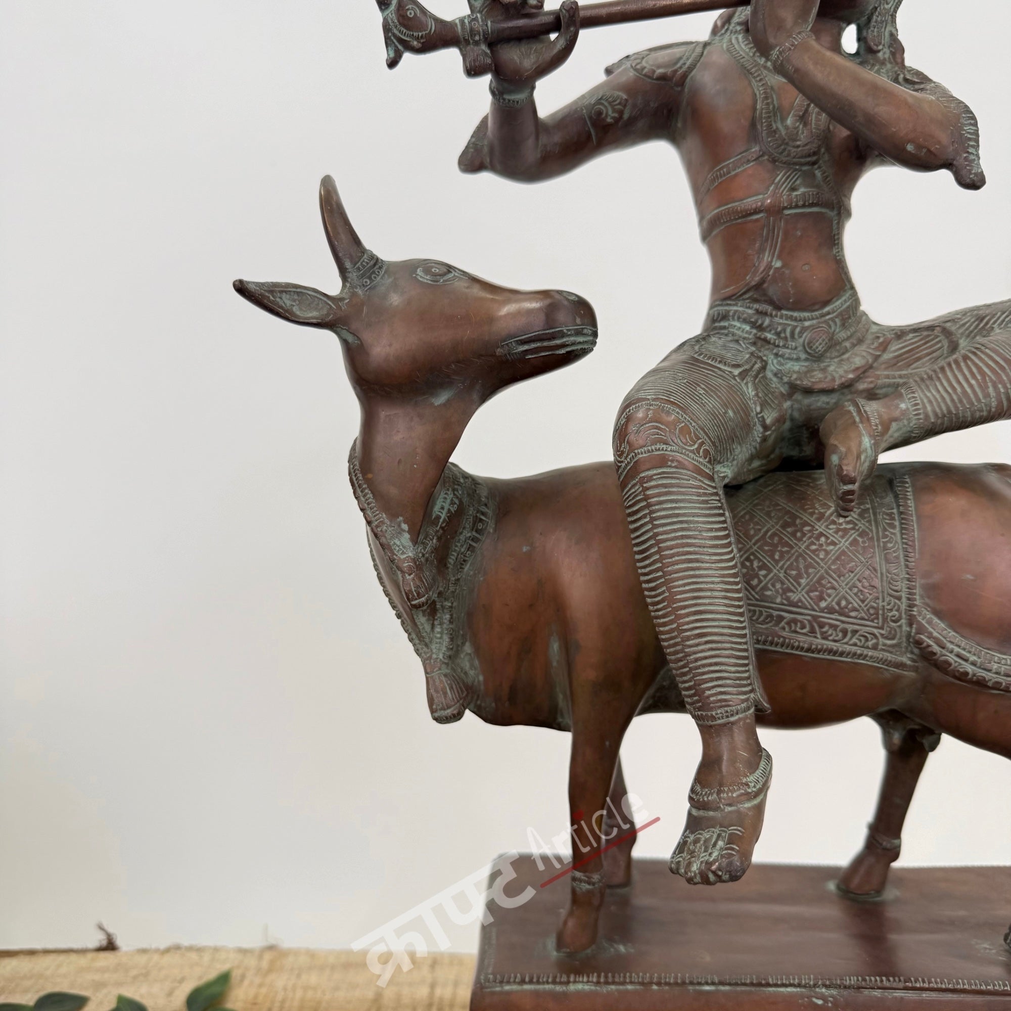 Brass Lord Krishna Seated on Cow