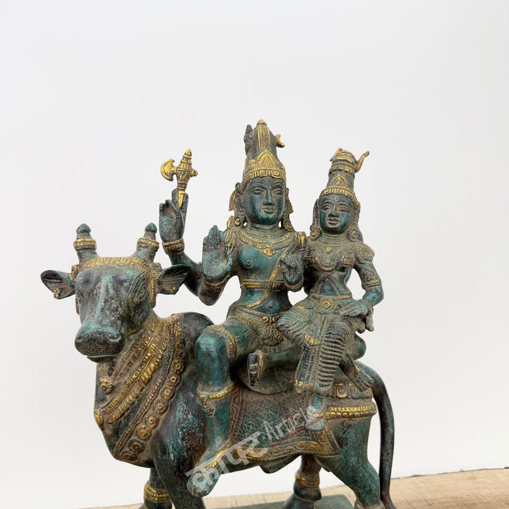 Brass Shiva Parvati Sitting on Nandi for Home Decor