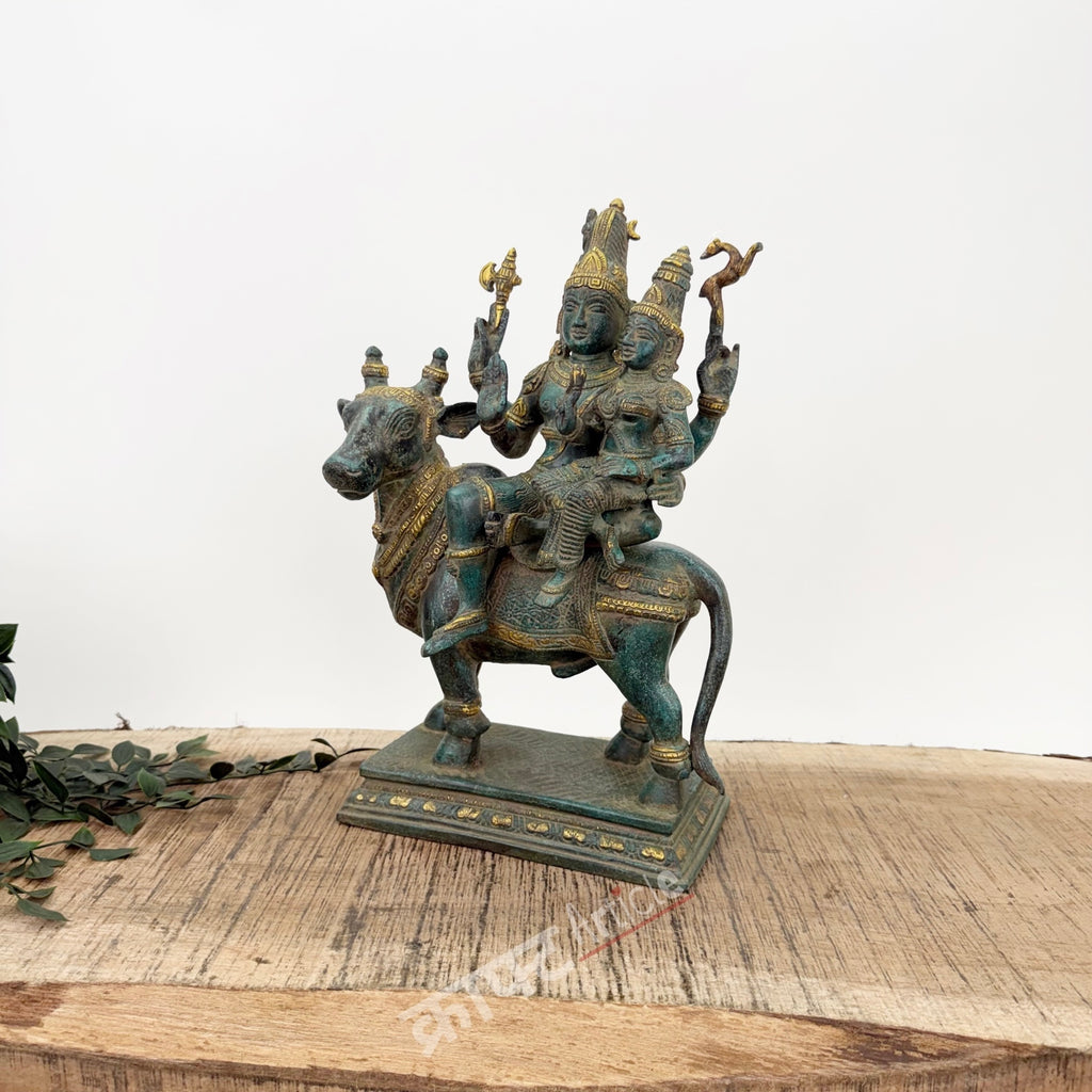 Brass Shiva Parvati Sitting on Nandi for Home Decor