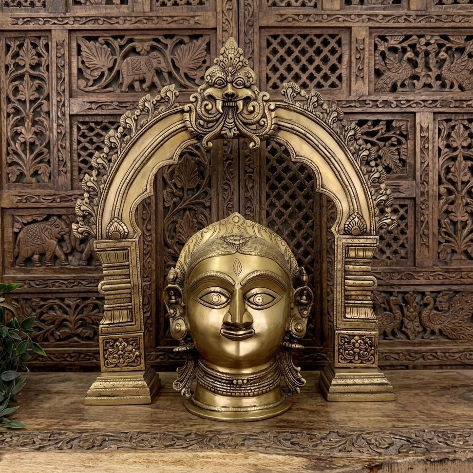 Brass Gauri Head Displayed with a Traditional Prabhavali (as a pair)