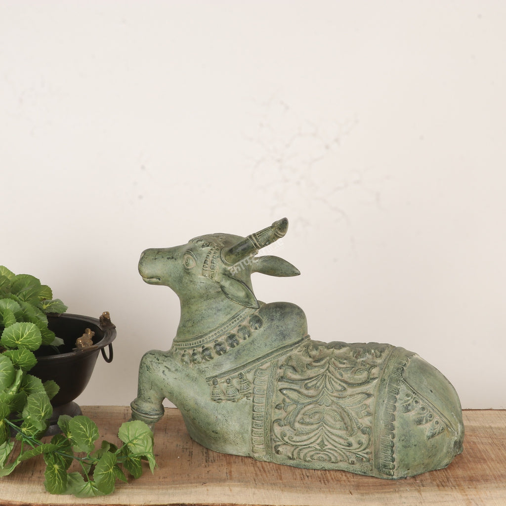 Brass Nandi Statue Vintage Green Finish