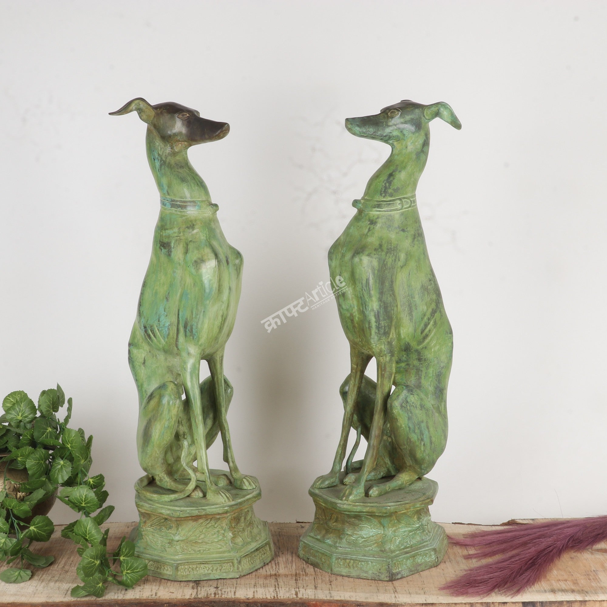 Vintage Brass Dog Statues – Timeless Elegance in Green Patina