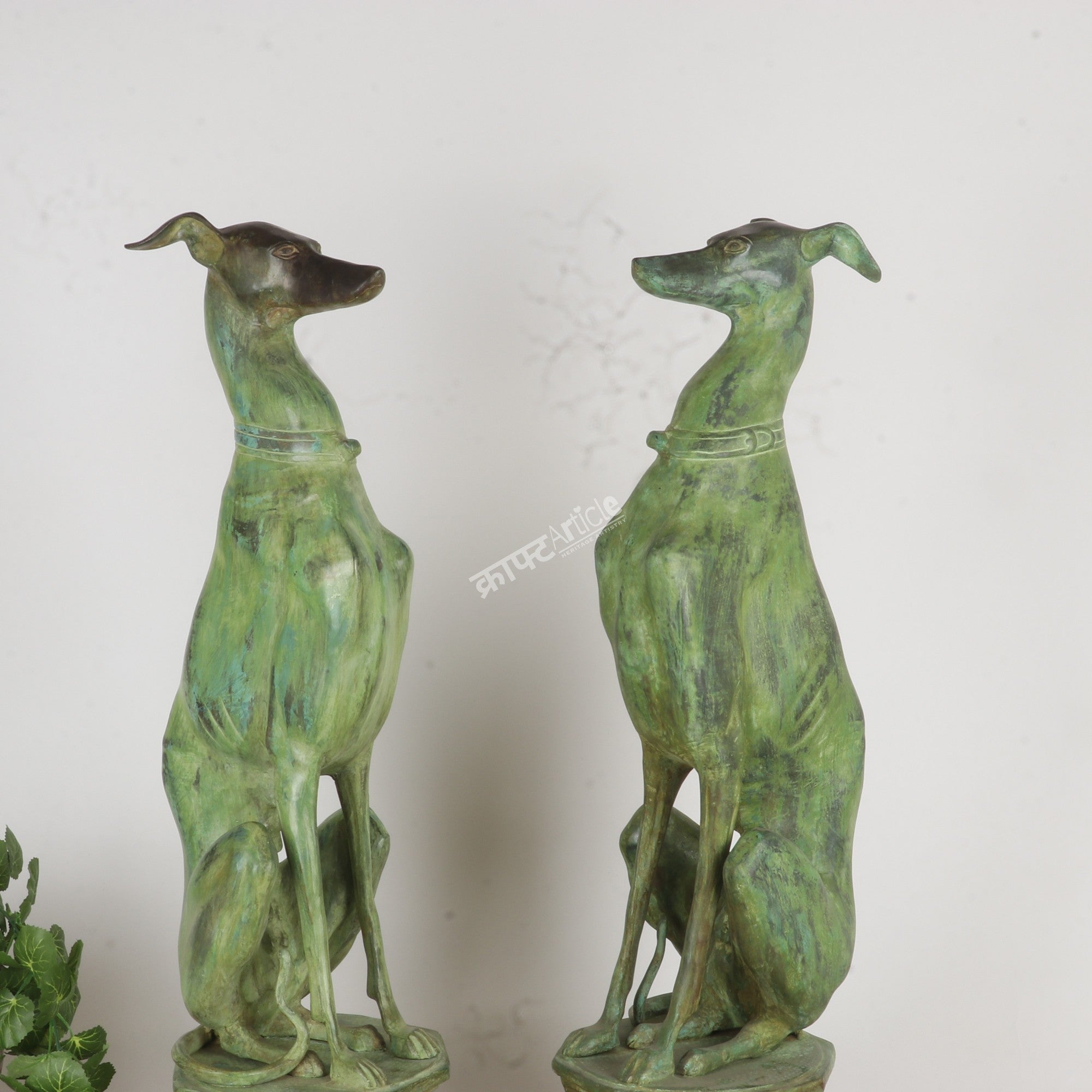 Vintage Brass Dog Statues – Timeless Elegance in Green Patina