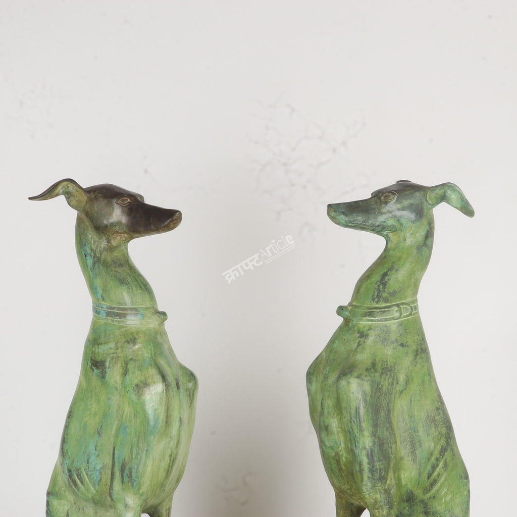 Vintage Brass Dog Statues – Timeless Elegance in Green Patina