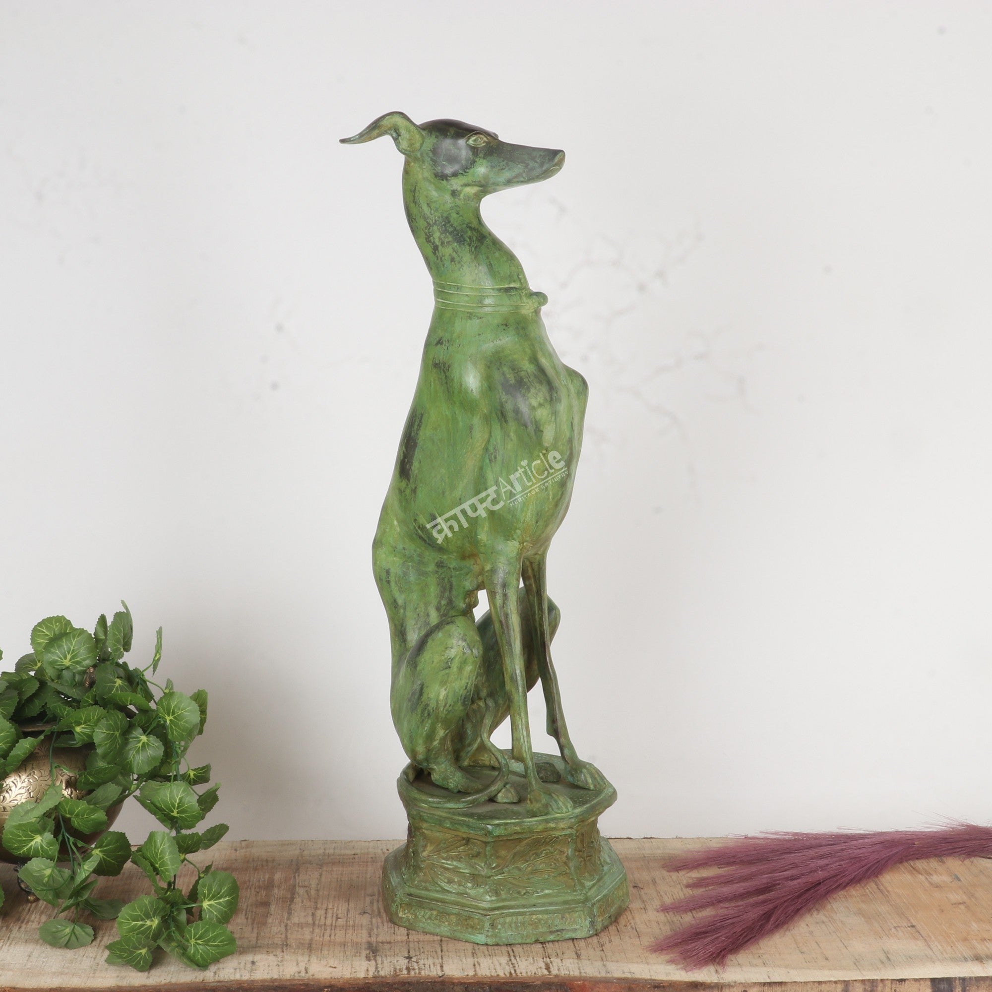 Vintage Brass Dog Statues – Timeless Elegance in Green Patina