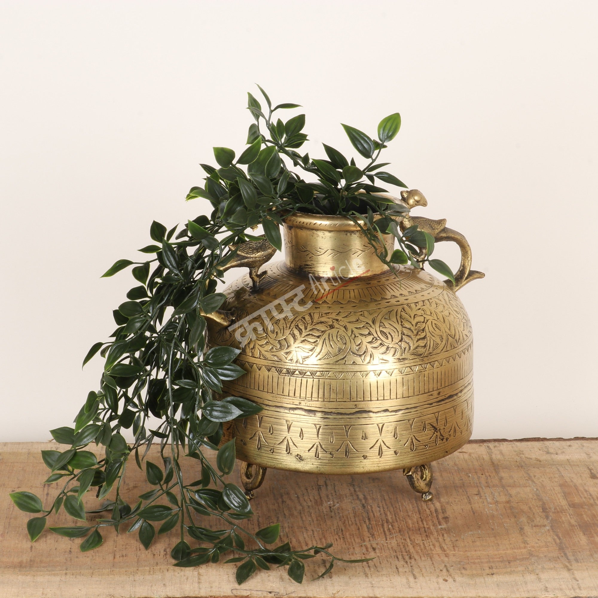 Decorative brass pot with plant on a wooden surface