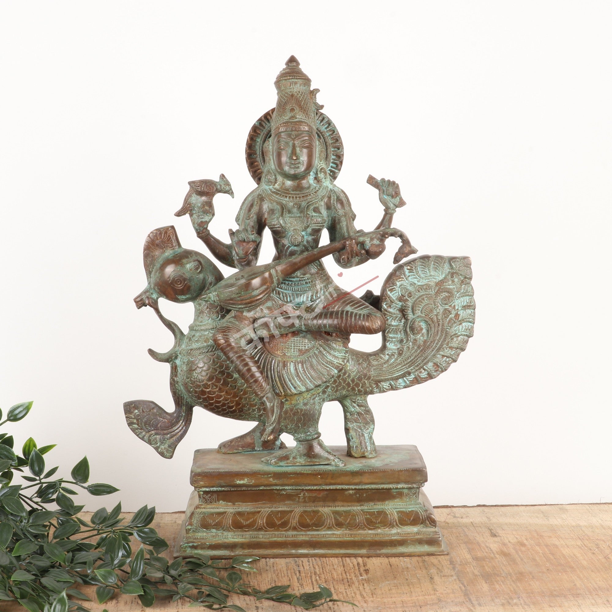 Brass Goddess Sarasvati Sculpture – Seated on Peacock