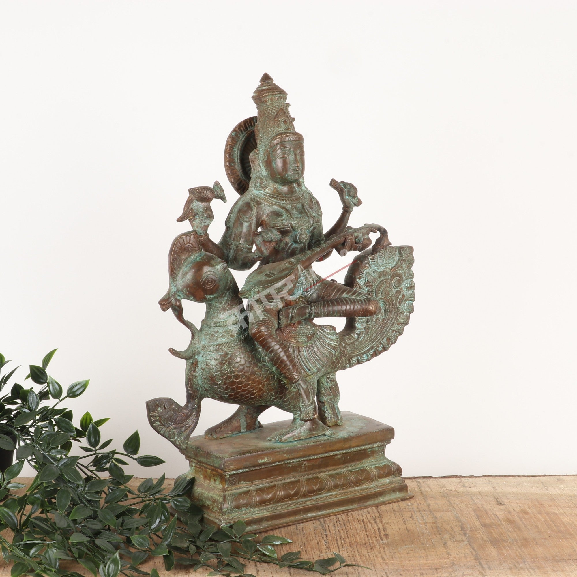 Brass Goddess Sarasvati Sculpture – Seated on Peacock
