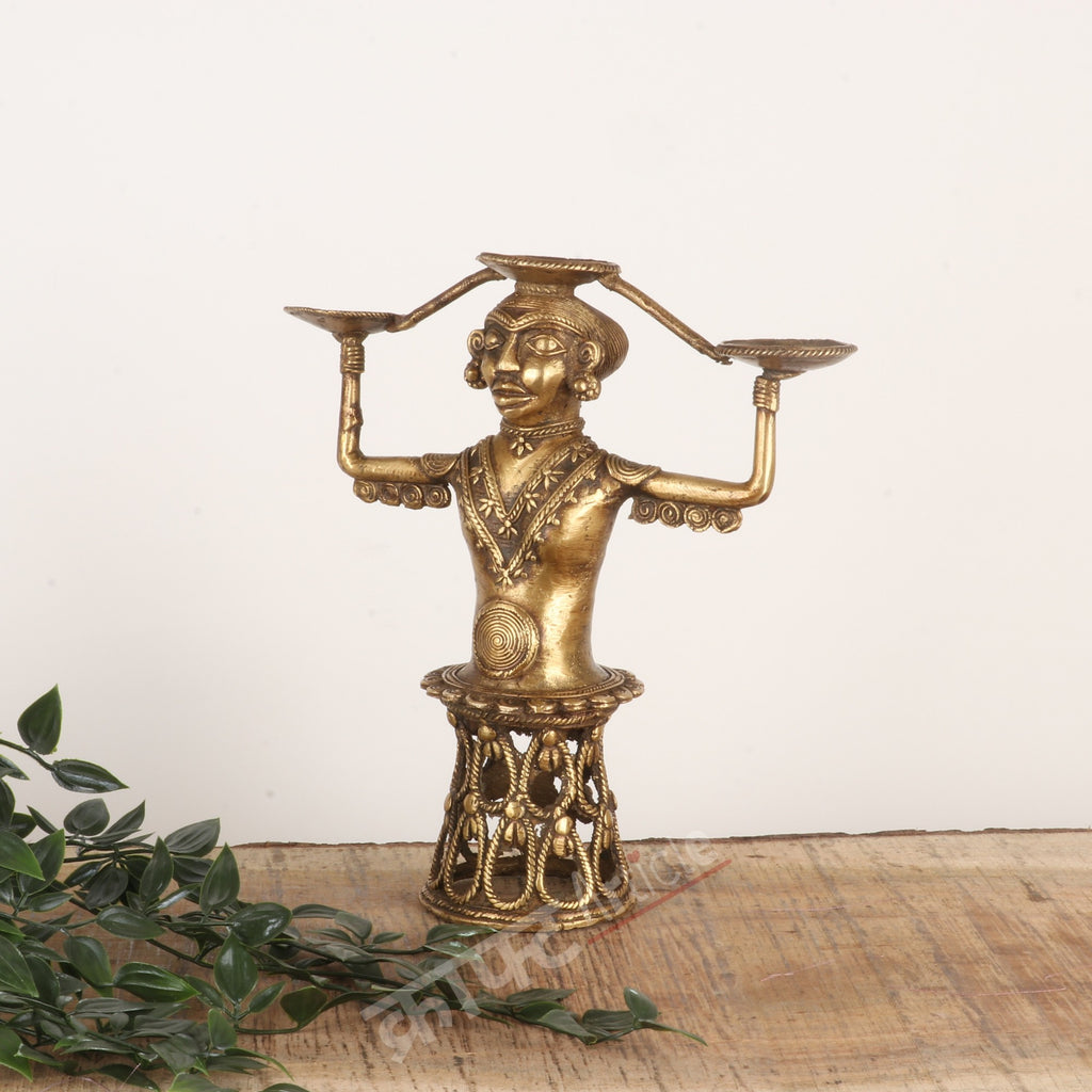 Traditional Tribal Brass Lamp Stand (Dokra Art)