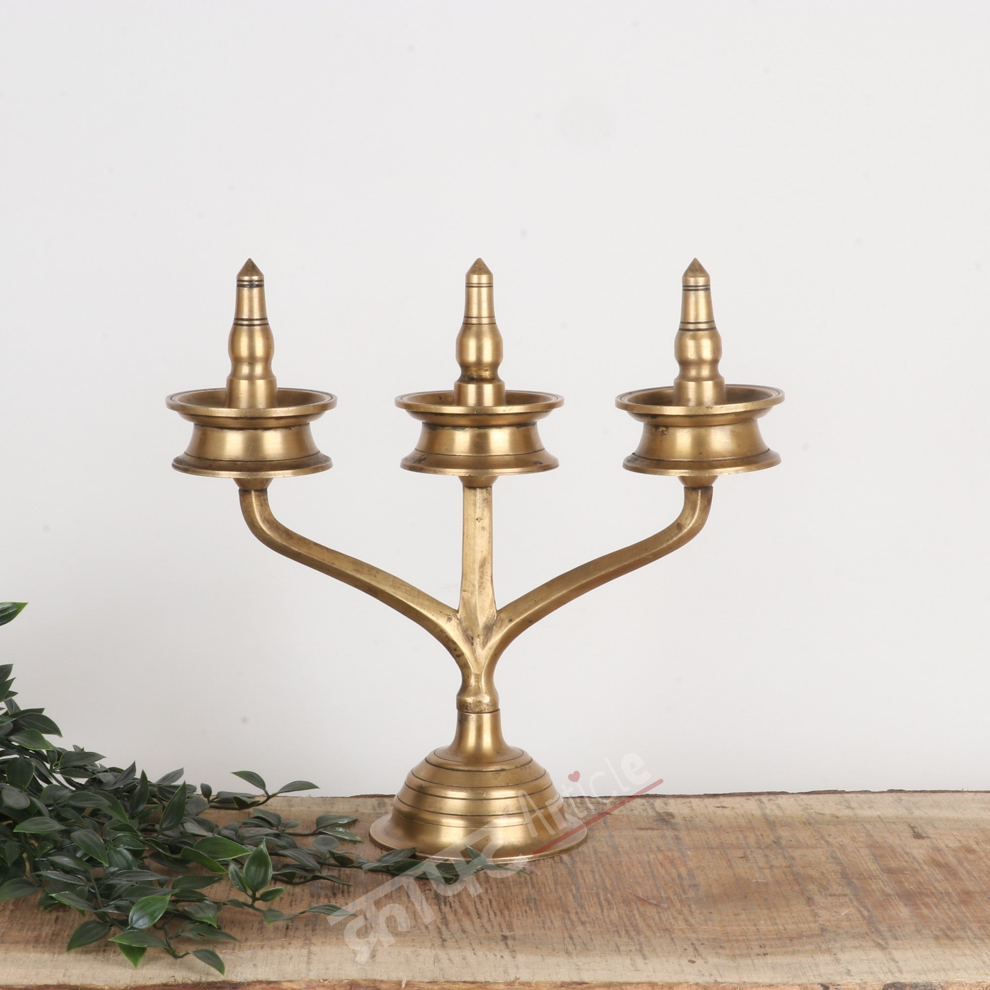 Traditional Brass Three-Wick Oil Lamp (Deepam Diya) 14"