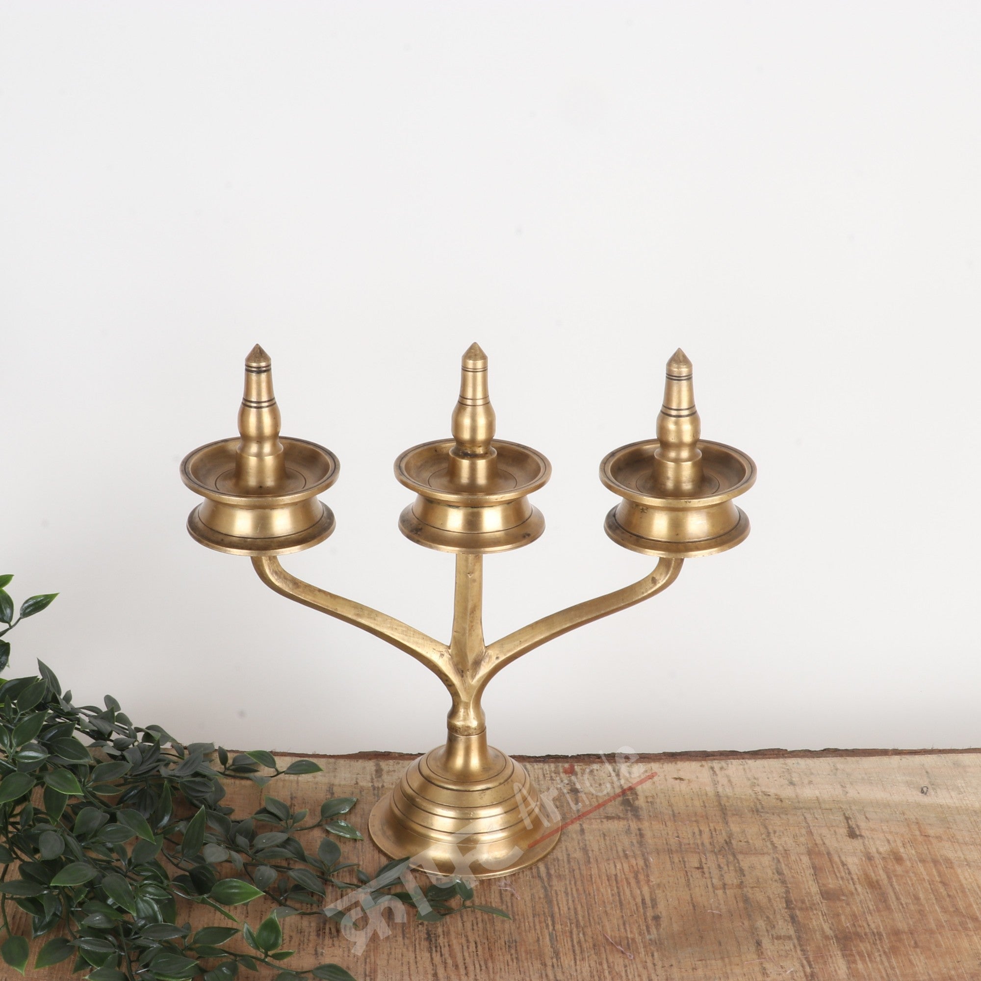 Traditional Brass Three-Wick Oil Lamp (Deepam Diya) 14"