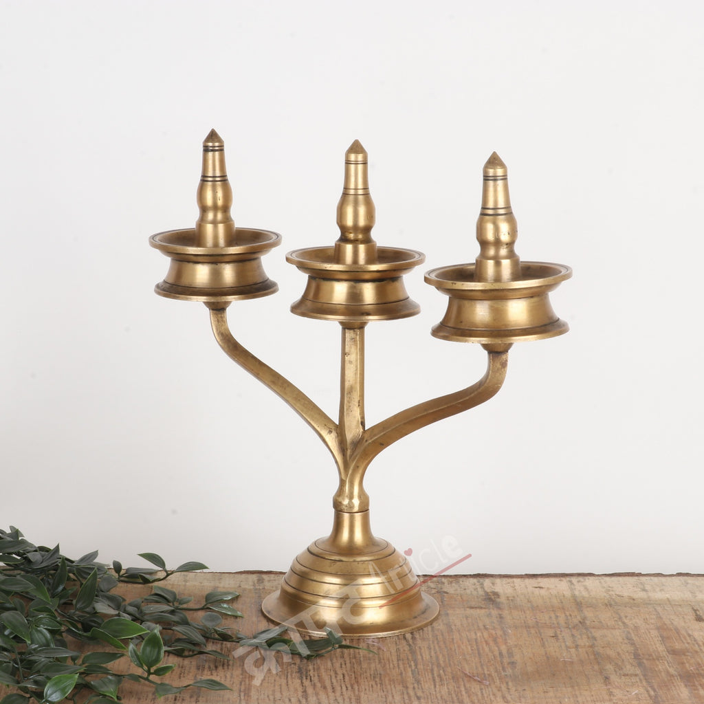 Traditional Brass Three-Wick Oil Lamp (Deepam Diya) 14"