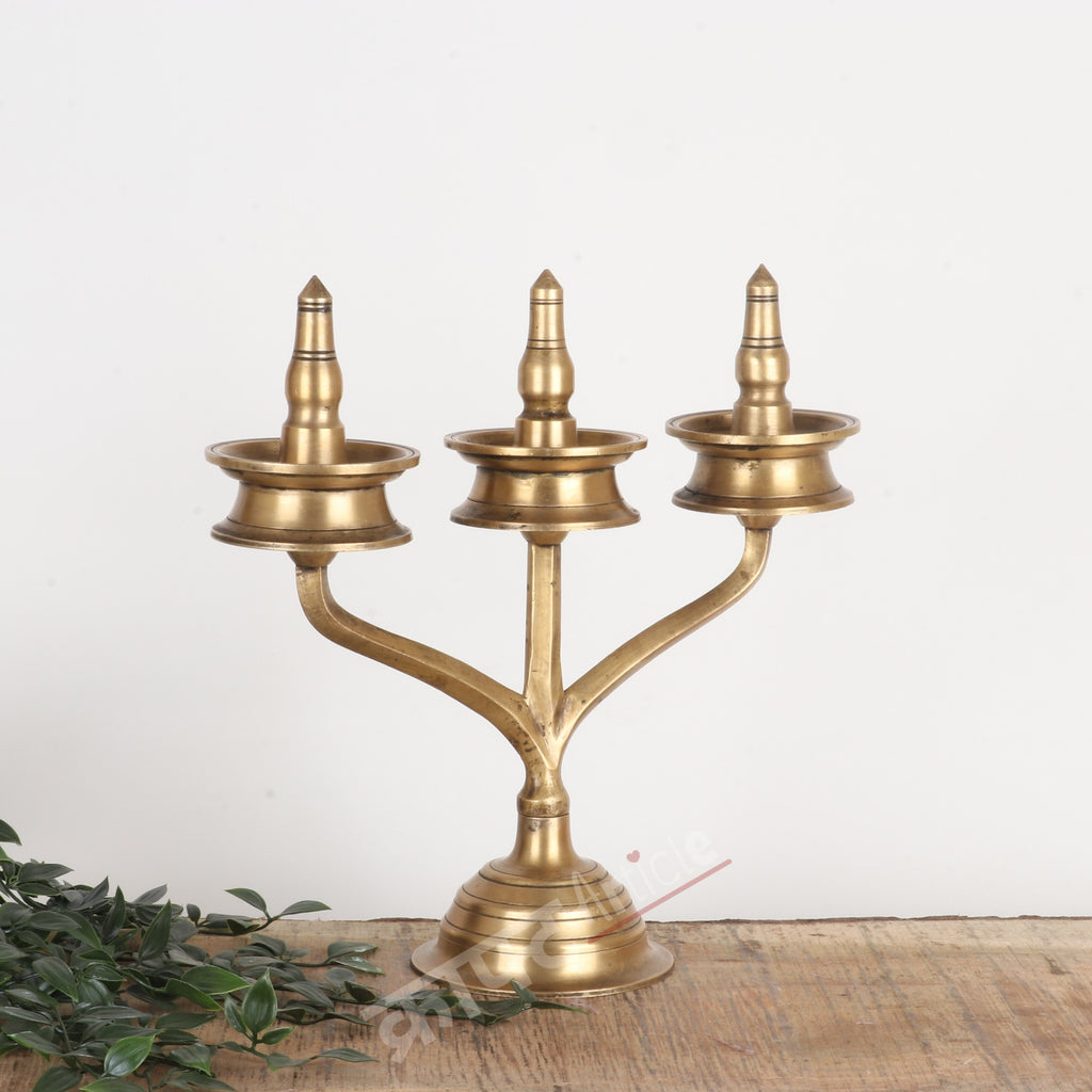 Traditional Brass Three-Wick Oil Lamp (Deepam Diya) 14"
