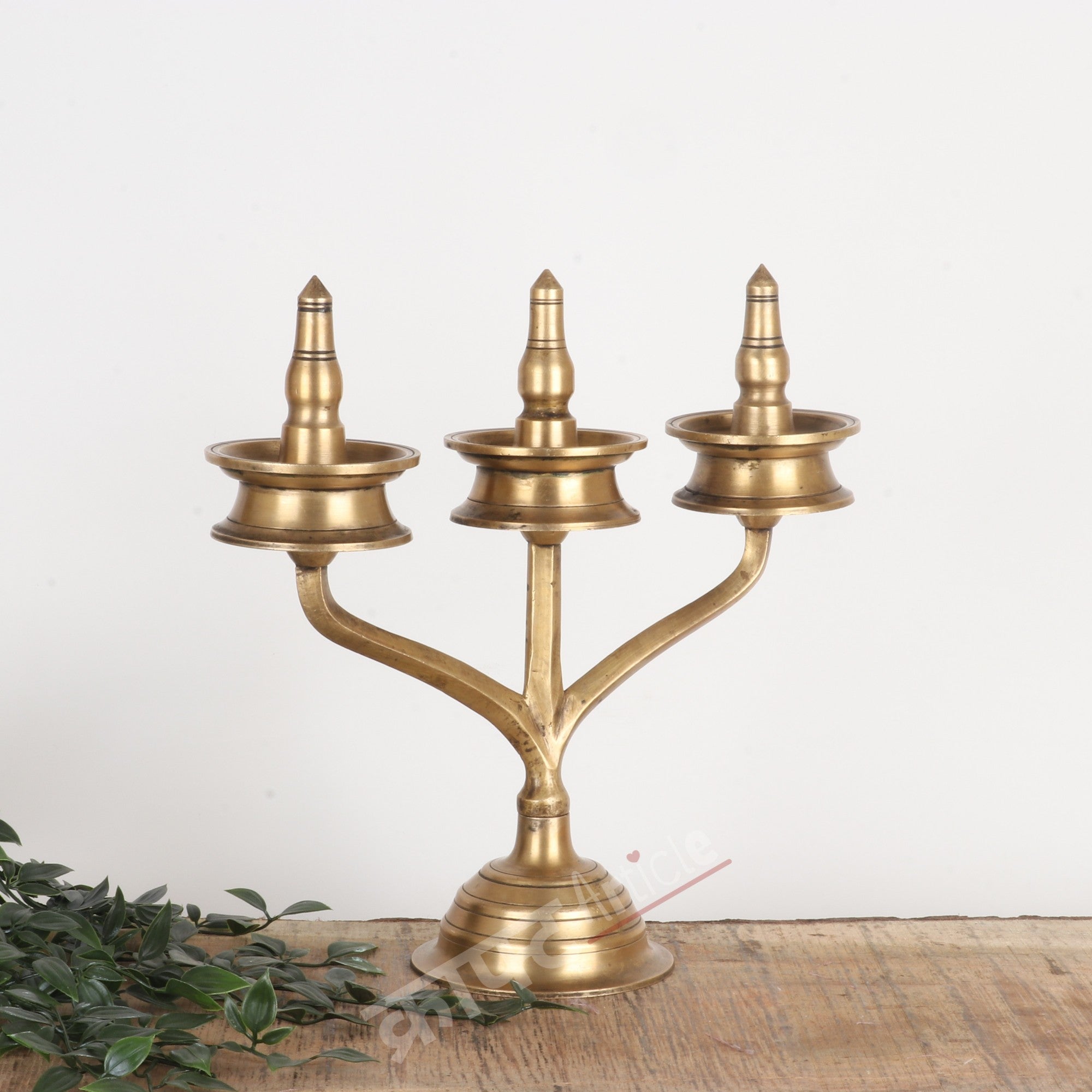 Traditional Brass Three-Wick Oil Lamp (Deepam Diya) 14"