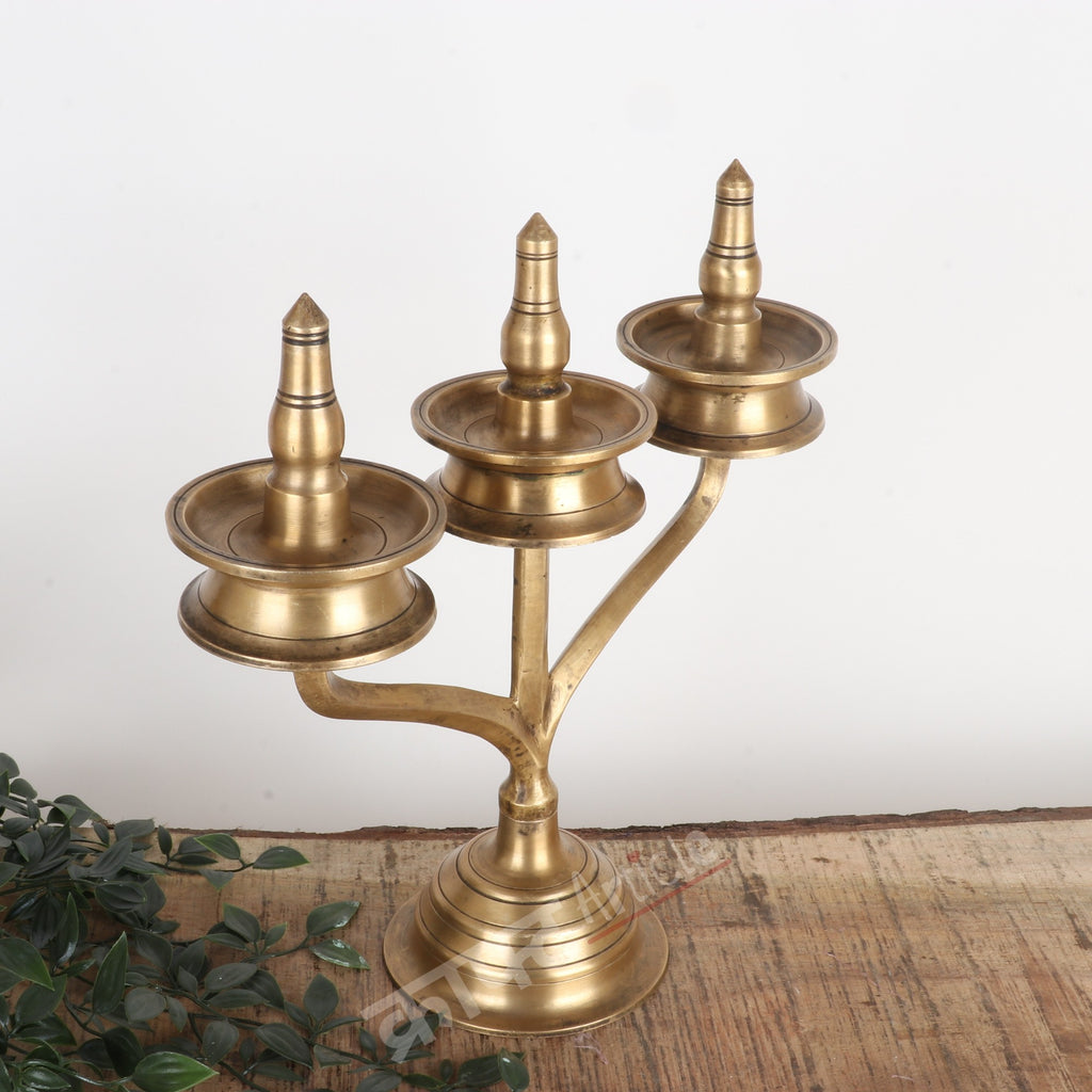 Traditional Brass Three-Wick Oil Lamp (Deepam Diya) 14"