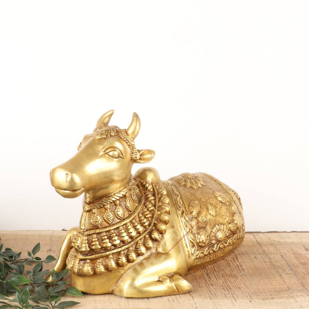 Brass Sitting Nandi Bull Idol in Gold Finish