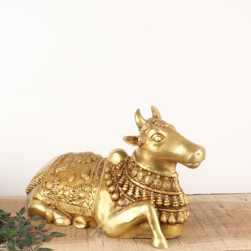 Brass Sitting Nandi Bull Idol in Gold Finish