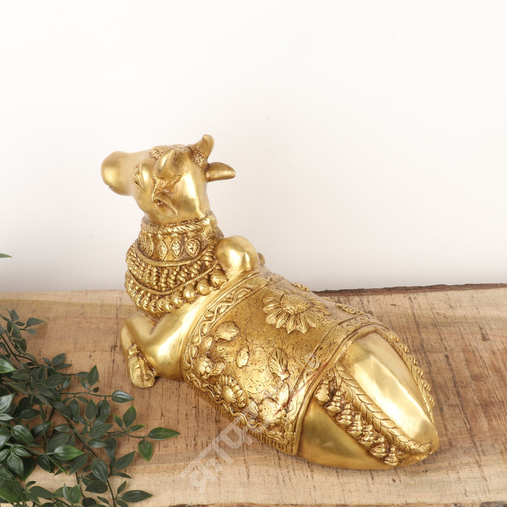 Brass Sitting Nandi Bull Idol in Gold Finish