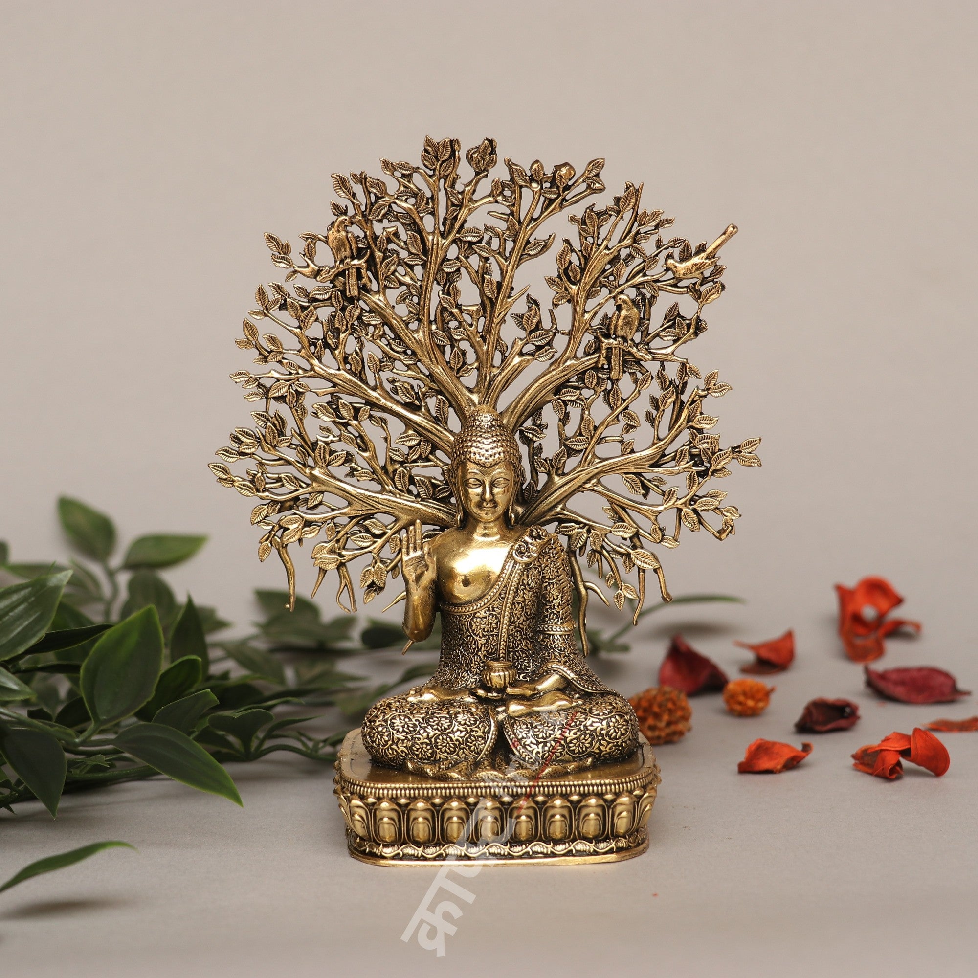 Brass Buddha with Bodhi Tree Idol