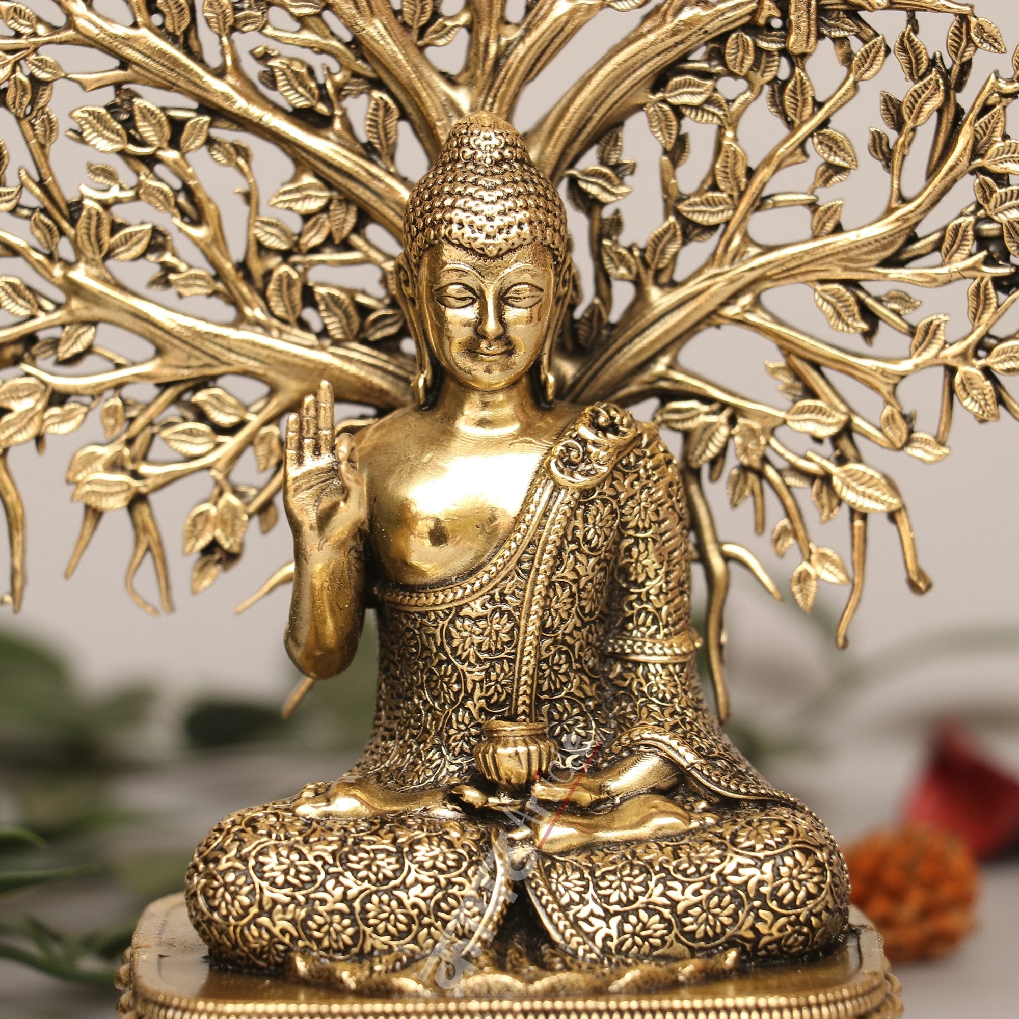 Brass Buddha with Bodhi Tree Idol