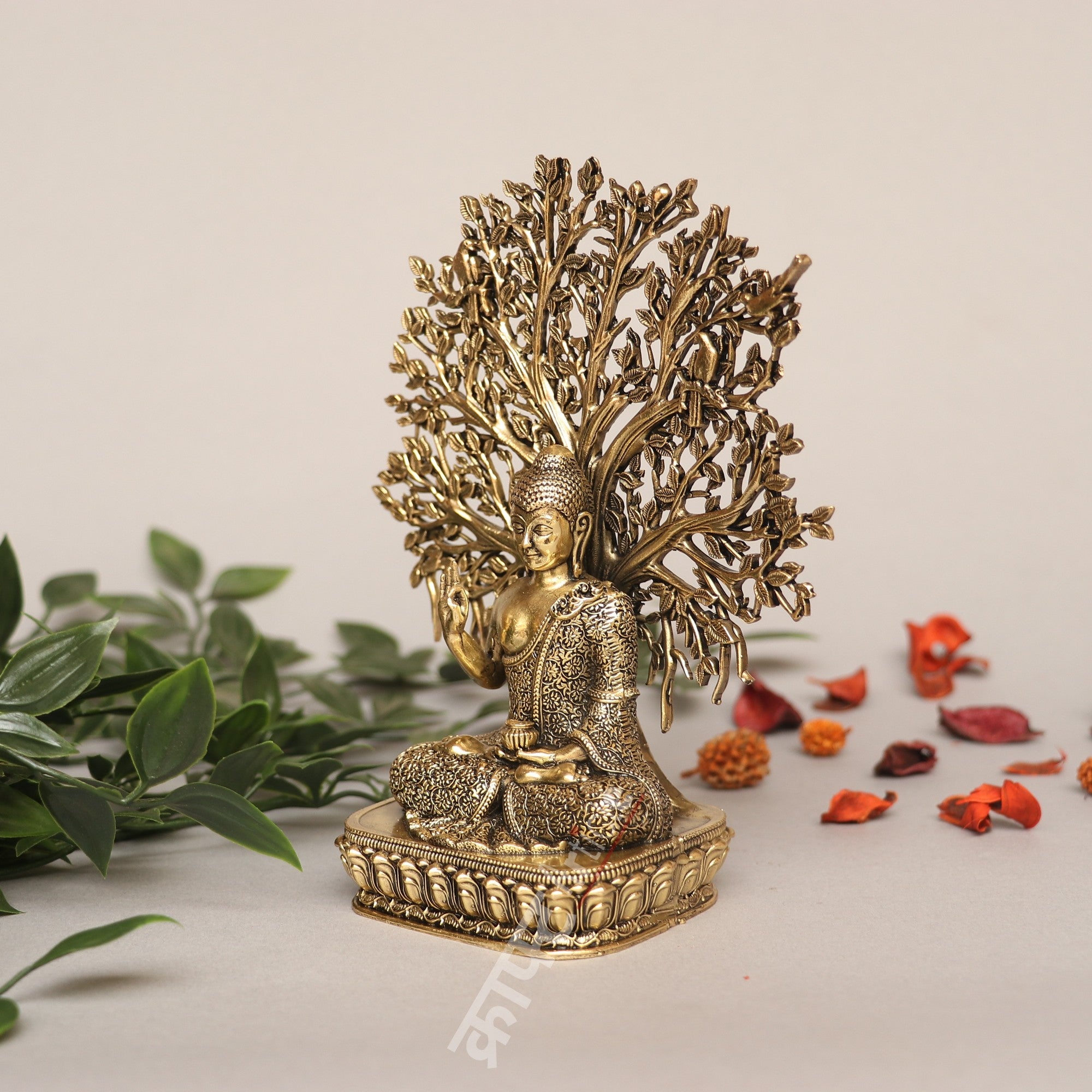 Brass Buddha with Bodhi Tree Idol