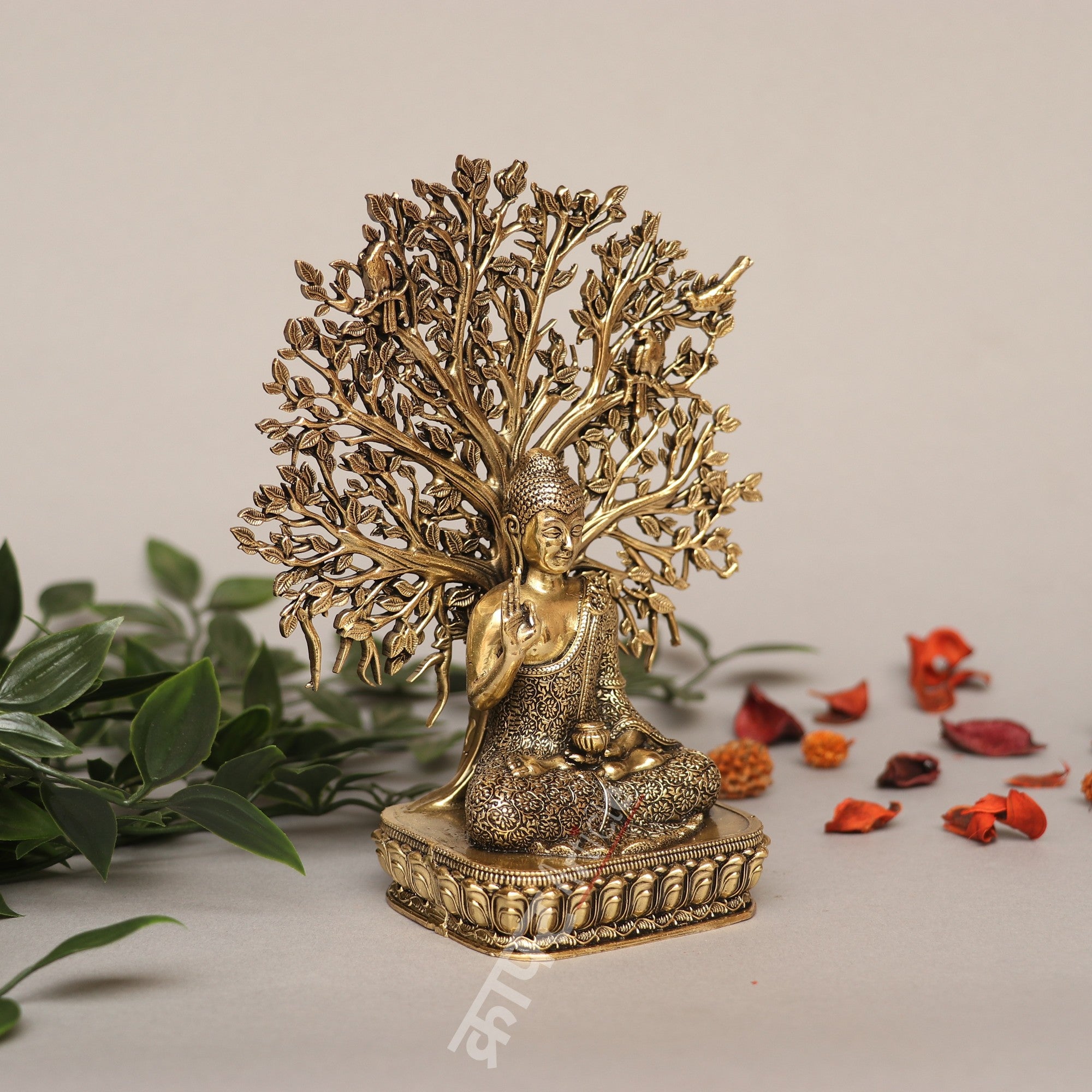 Brass Buddha with Bodhi Tree Idol