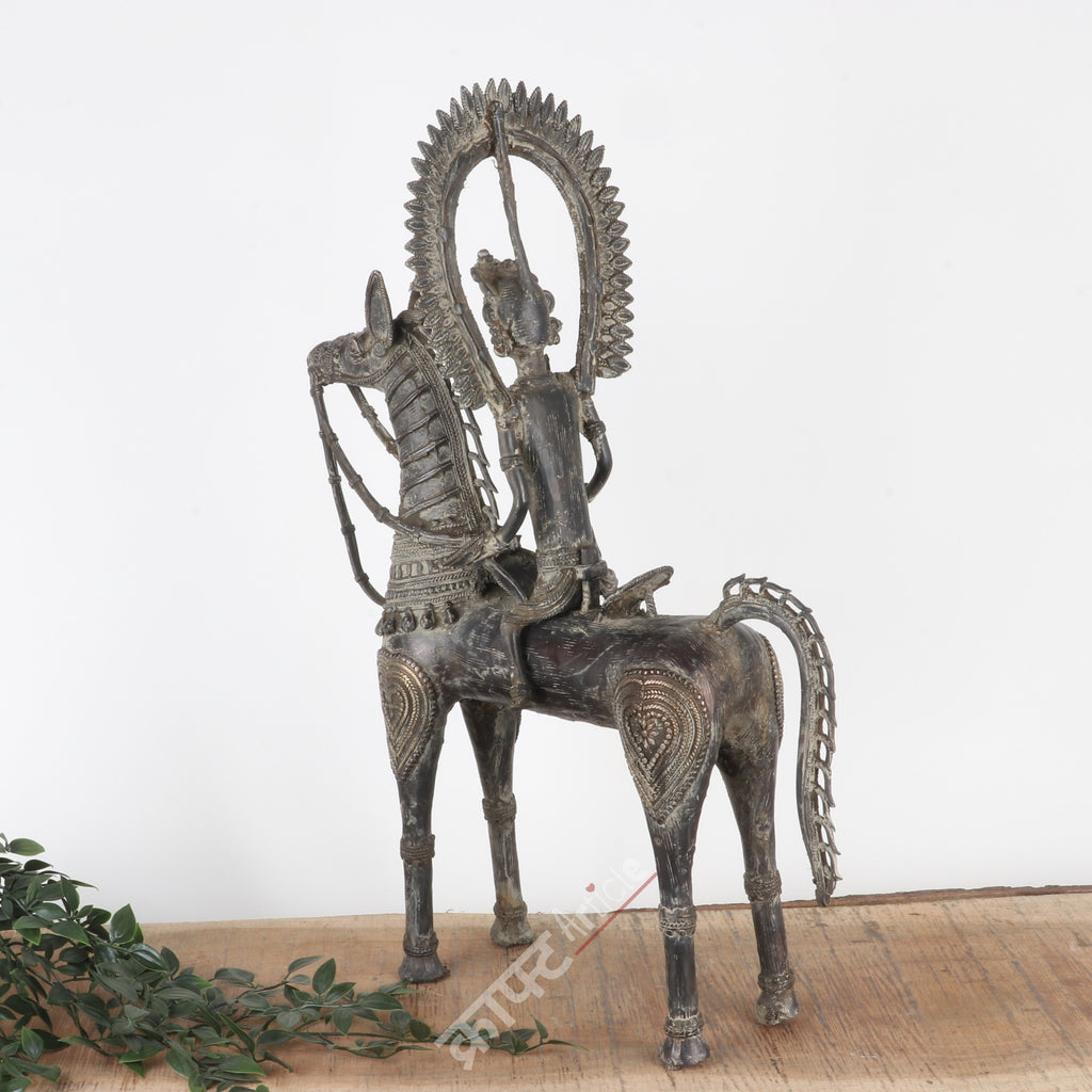 Brass Dokra Tribal Horse Rider Sculpture