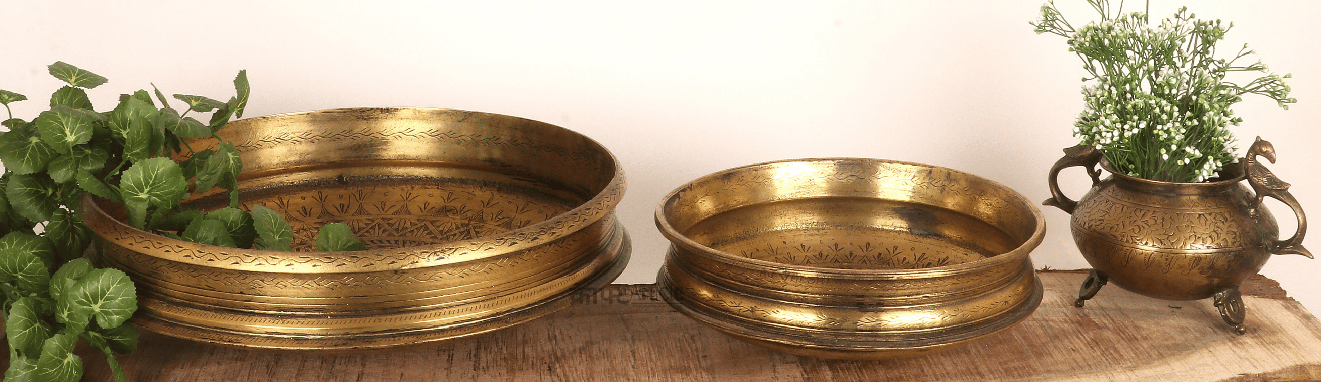 Two brass trays on a wooden surface with plants around